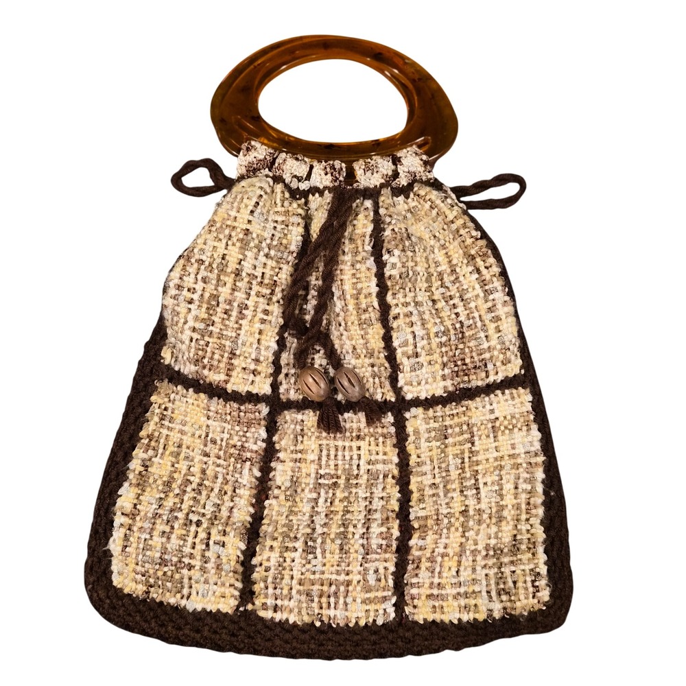 Vintage Handmade Knit Drawstring Handbag Amber Lucite Handles Brown Cream Boho